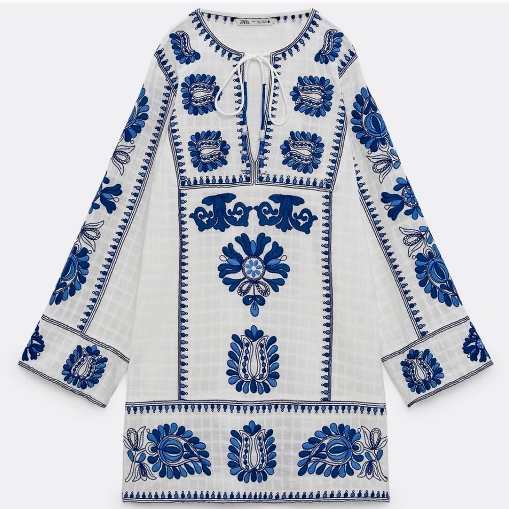 Zara Embroidered Tunic Short Dress in White/Blue